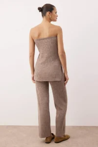 TRENDYOLMİLLA Mink V-neck Blouse-Cardigan-Pants Knitwear Bottom - Top Set - Image 3