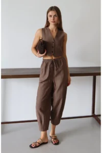 TRENDYOLMİLLA Brown Vest Pants Weaving Bottom - Top Set