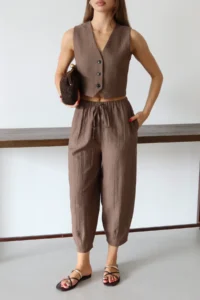 TRENDYOLMİLLA Brown Vest Pants Weaving Bottom - Top Set - Image 2
