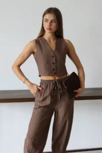 TRENDYOLMİLLA Brown Vest Pants Weaving Bottom - Top Set - Image 3