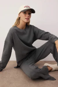 TRENDYOLMİLLA Anthracite Crew Neck Oversized/Wide Cut Top Wide Leg Bottom Knitting Bottom - Top Set - Image 2