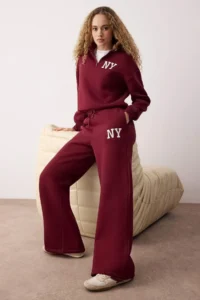 TRENDYOLMİLLA Teen Burgundy Embroidered Dog collar Half Zippered Wideleg/Wide Leg Knitting Tracksuit