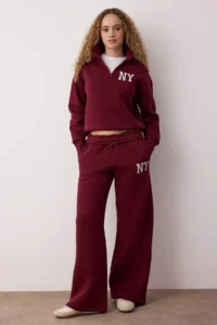 TRENDYOLMİLLA Teen Burgundy Embroidered Dog collar Half Zippered Wideleg/Wide Leg Knitting Tracksuit - Image 2