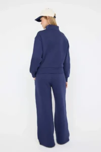TRENDYOLMİLLA Teen Navy Blue Embroidered Dog collar Zippered Wideleg/Wide Leg Knitting Tracksuit - Image 4