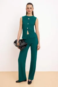 TRENDYOLMİLLA Emerald Green Silver Button with accessories New Sleeve Top Pants Knitting Bottom - Top Set