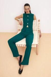 TRENDYOLMİLLA Emerald Green Silver Button with accessories New Sleeve Top Pants Knitting Bottom - Top Set - Image 2