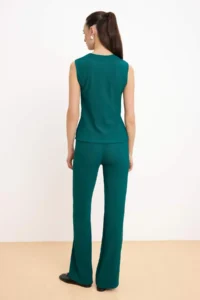TRENDYOLMİLLA Emerald Green Silver Button with accessories New Sleeve Top Pants Knitting Bottom - Top Set - Image 4