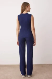 TRENDYOLMİLLA Navy Blue Silver Button with accessories New Sleeve Top Regular Pants Knitting Bottom - Top Set - Image 4