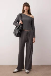TRENDYOLMİLLA Anthracite Drop Sleeve Detailed Soft Touch Flexible Knitting Bottom - Top Set