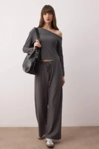 TRENDYOLMİLLA Anthracite Drop Sleeve Detailed Soft Touch Flexible Knitting Bottom - Top Set - Image 2