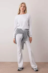 TRENDYOLMİLLA Gray Melanj Crew Neck Regular Top Flare/flared leg Knitting Bottom - Top Set