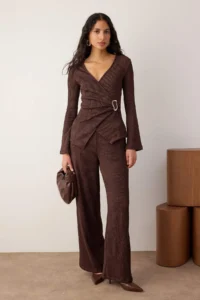 TRENDYOLMİLLA Brown wrap Fitted Accessory Detailed textured Knitting Bottom - Top Set