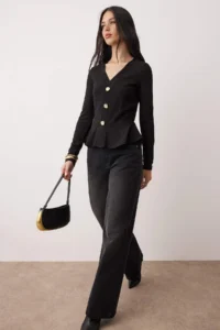 TRENDYOLMİLLA Black V-neck buttoned peplum/Bele Oturan Flexible Knitting Blouse - Image 2
