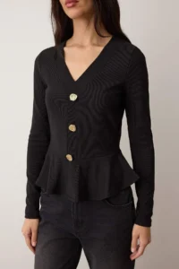 TRENDYOLMİLLA Black V-neck buttoned peplum/Bele Oturan Flexible Knitting Blouse - Image 3