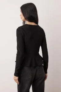 TRENDYOLMİLLA Black V-neck buttoned peplum/Bele Oturan Flexible Knitting Blouse - Image 4