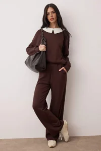 TRENDYOLMİLLA Brown Polo Shirt Collar Color Bloklu Weaving Garnili Knitting Bottom - Top Set