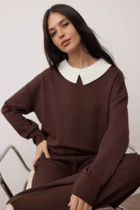 TRENDYOLMİLLA Brown Polo Shirt Collar Color Bloklu Weaving Garnili Knitting Bottom - Top Set - Image 2