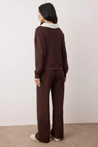 TRENDYOLMİLLA Brown Polo Shirt Collar Color Bloklu Weaving Garnili Knitting Bottom - Top Set - Image 4