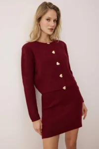 TRENDYOLMİLLA Burgundy Heart Button Detailed Knitwear Bottom - Top Set - Image 2