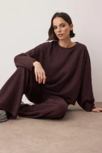 TRENDYOLMİLLA Brown textured Oversized/Wide Pattern Flexible Knitting Bottom - Top Set