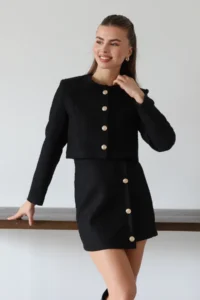TRENDYOLMİLLA Black Tweed Weaving Jacket-Skirt Bottom - Top Set