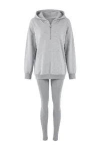 TRENDYOLMİLLA Gray Melange 3 Sets Oversized/Wide Pattern Hooded Tights Knitting Bottom - Top Set - Image 5