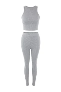 TRENDYOLMİLLA Gray Melange 3 Sets Oversized/Wide Pattern Hooded Tights Knitting Bottom - Top Set - Image 6