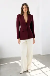 TRENDYOLMiLLA Burgundy Fitted/Waist Fitting Weaving Blazer Jacket