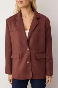 TRENDYOLMİLLA Brown*001 Rahat Pattern Weaving Suede Blazer Jacket - Image 3