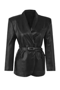 TRENDYOLMİLLA Black Arched Double breasted Closed Faux Leather Weaving Blazer Jacket
