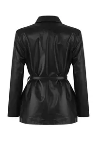TRENDYOLMİLLA Black Arched Double breasted Closed Faux Leather Weaving Blazer Jacket - Image 2