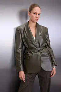TRENDYOLMİLLA Khaki Arched Double breasted Closed Faux Leather Weaving Blazer Jacket - Image 2