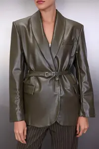 TRENDYOLMİLLA Khaki Arched Double breasted Closed Faux Leather Weaving Blazer Jacket - Image 3