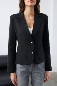 TRENDYOLMİLLA Black Aksesuar buttoned with pocket Fitted/Bele Oturan Weaving Blazer Jacket - Image 3
