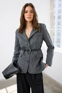 TRENDYOLMİLLA Anthracite Self-Arched Herringbone Weaving Wool Content Bowl Blazer Jacket