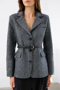 TRENDYOLMİLLA Anthracite Self-Arched Herringbone Weaving Wool Content Bowl Blazer Jacket - Image 3