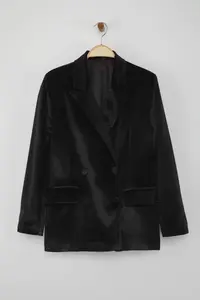 TRENDYOLMİLLA Black Double breasted Regular/Normal Pattern Weaving Velvet Blazer Jacket - Image 5