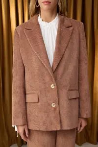 TRENDYOLMİLLA Special Collection Brown Regular/Normal Pattern Ribbed Velvet Blazer Jacket - Image 3