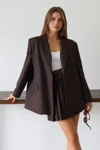 TRENDYOLMİLLA Brown Dark Blue Striped Oversized Blazer Jacket