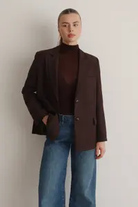 TRENDYOLMİLLA Brown Dark Blue Striped Oversized Blazer Jacket - Image 12