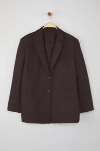 TRENDYOLMİLLA Brown Dark Blue Striped Oversized Blazer Jacket - Image 13