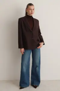 TRENDYOLMİLLA Brown Dark Blue Striped Oversized Blazer Jacket - Image 3