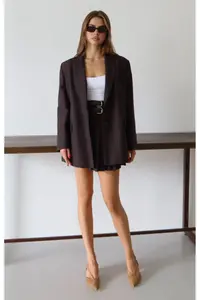 TRENDYOLMİLLA Brown Dark Blue Striped Oversized Blazer Jacket - Image 9