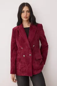 TRENDYOLMİLLA Burgundy Double breasted Closure Soft Ribbed Velvet Blazer Jacket