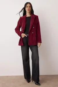 TRENDYOLMİLLA Burgundy Double breasted Closure Soft Ribbed Velvet Blazer Jacket - Image 2