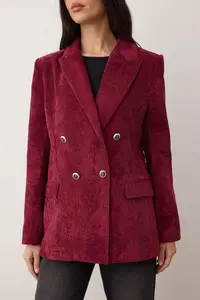 TRENDYOLMİLLA Burgundy Double breasted Closure Soft Ribbed Velvet Blazer Jacket - Image 3