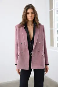 TRENDYOLMİLLA Dusty Rose Double breasted Kapama Regular/Normal Pattern Ribbed Velvet Blazer Jacket - Image 2