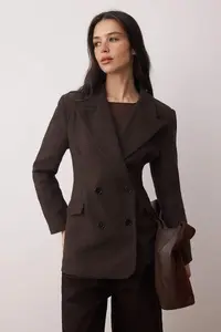 TRENDYOLMİLLA Brown Bowl herringbone Double breasted Fitted Pattern Weaving Blazer Jacket - Image 2