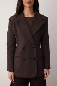 TRENDYOLMİLLA Brown Bowl herringbone Double breasted Fitted Pattern Weaving Blazer Jacket - Image 3