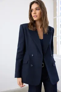 TRENDYOLMİLLA Navy Blue Bowl herringbone Double breasted Fitted Pattern Weaving Blazer Jacket